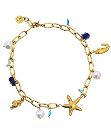 TOBILLERA CON COLGANTES DE PERLAS PIEDRAS DE COLOR GAMBA ESTRELLA Y CABALLITO DE MAR