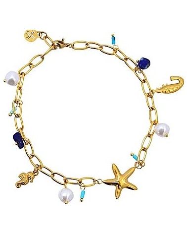 TOBILLERA CON COLGANTES DE PERLAS PIEDRAS DE COLOR GAMBA ESTRELLA Y CABALLITO DE MAR
