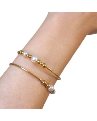 PULSERA ACERO DORADO BRAZALETE DOBLE RÍGIDO CON BOLA Y PERLA