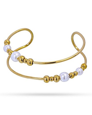 PULSERA ACERO DORADO BRAZALETE DOBLE RÍGIDO CON BOLA Y PERLA