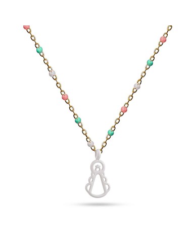 COLLAR CON CADENA DORADA EN ACERO Y BOLITAS COLOR ESMALTE, Y COLGANTE VIRGEN DEL ROCIO