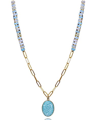COLLAR LARGO ACERO DORADO CON PIEDRAS NATURALES COLOR TURQUESA