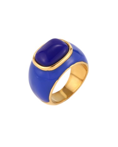 ANILLO ACERO DORADO CON ESMALTE COLOR AZUL Y PIEDRA CENTRAL