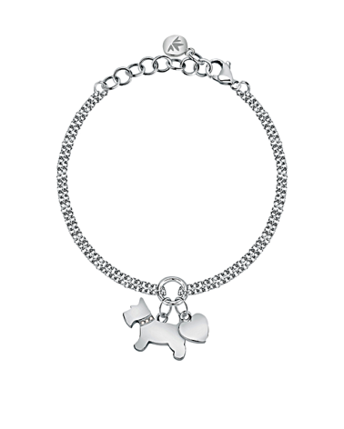 PULSERA DE ACERO CON ABALORIO DE PERRO Y CORAZÓN COLGANDO