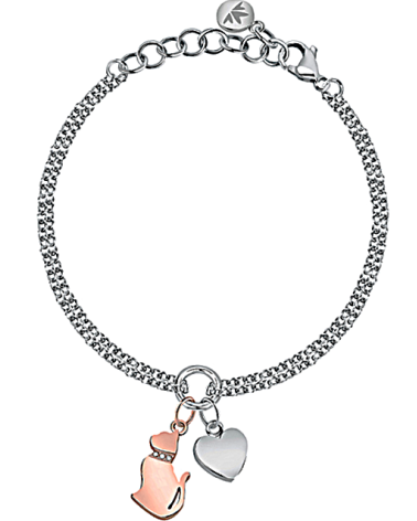 PULSERA ACERO CON ABALORIO COLGANDO CORAZÓN Y GATO