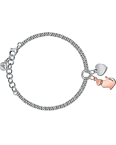 PULSERA ACERO CON ABALORIO COLGANDO CORAZÓN Y GATO