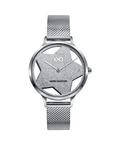 RELOJ DE MUJER METAL PLATEADO CON ESTRELLA AZUL BRILLANTE EN EL FONDO