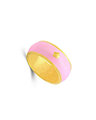 ANILLO ACERO DORADO CON ESMALTE COLOR ROSA ESTRELLA CENTRAL