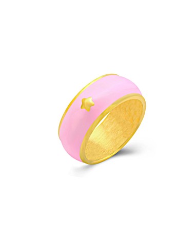ANILLO ACERO DORADO CON ESMALTE COLOR ROSA ESTRELLA CENTRAL