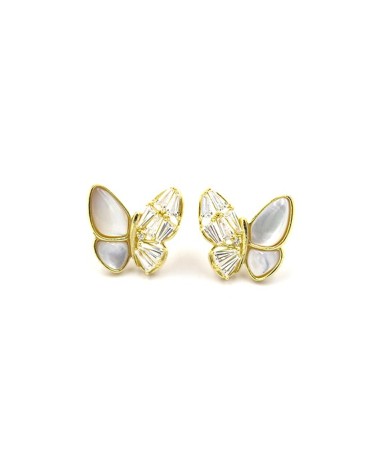 PENDIENTE PLATA 1ª LEY CHAPADO EN ORO MARIPOSA CON CIRCONITAS Y NÁCAR
