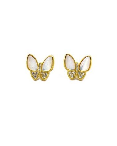PENDIENTE PLATA 1ª LEY CHAPADO EN ORO DISEÑO MARIPOSA CON NÁCAR Y CIRCONITAS
