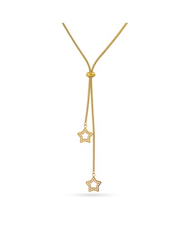 COLLAR ACERO DORADO LARGO DISEÑO REGULABLE DOS ESTRELLAS CON CIRCONITAS