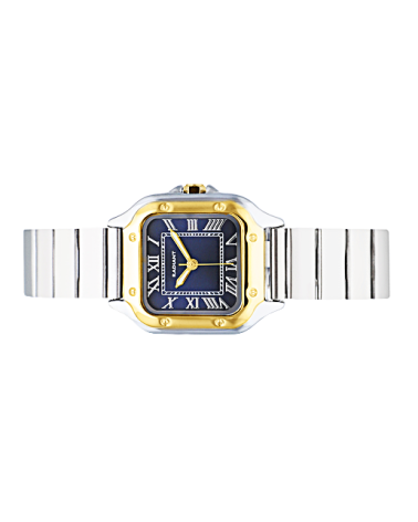 RELOJ DE ACERO COMBINADO DORADO PLATEADO CUADRADO ESFERA AZUL NÚMEROS ROMANOS