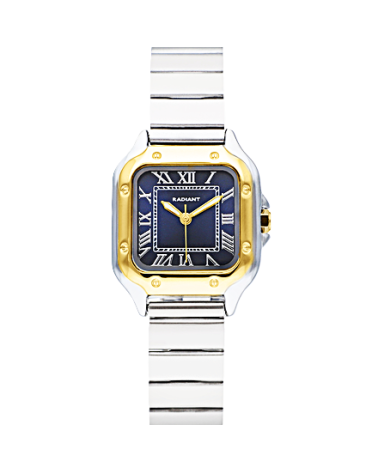 RELOJ DE ACERO COMBINADO DORADO PLATEADO CUADRADO ESFERA AZUL NÚMEROS ROMANOS