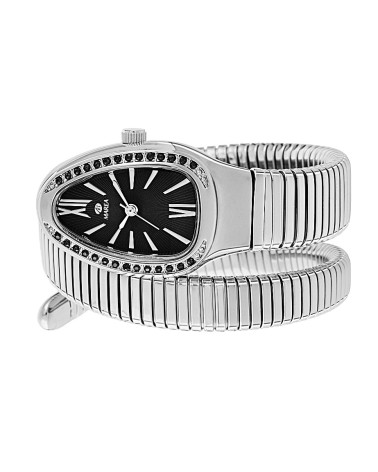 RELOJ JOYA ACERO PLATEADO CAJA OVAL FONDO NEGRO PULSERA EXTENSIBLE