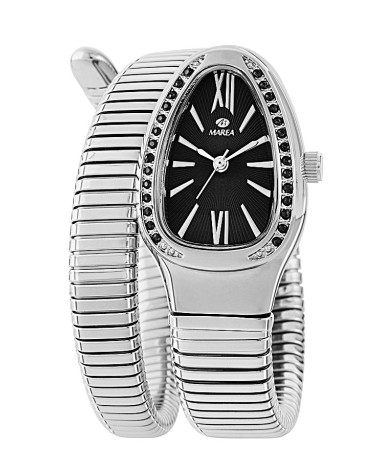 RELOJ JOYA ACERO PLATEADO CAJA OVAL FONDO NEGRO PULSERA EXTENSIBLE