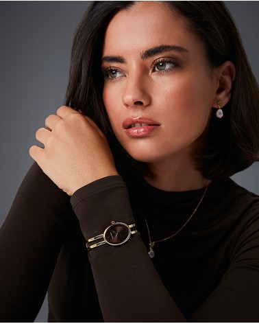 RELOJ DE MUJER ACERO IP DORADO CAJA OVAL FONDO MARRÓN BRAZALETE