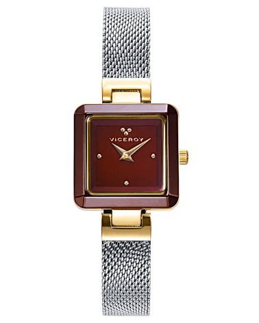 RELOJ DE MUJER CAJA CUADRADA CERÁMICO ARMIS PLATEADO ESFERA MARRÓN