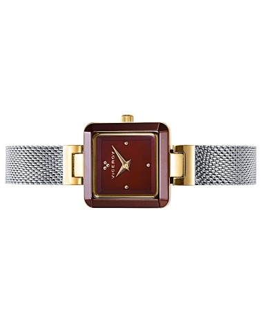 RELOJ DE MUJER CAJA CUADRADA CERÁMICO ARMIS PLATEADO ESFERA MARRÓN