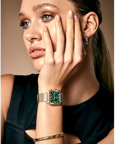 RELOJ DE MUJER ACERO IP DORADO CAJA CUADRADA FONDO VERDE ARMIS MILANESA