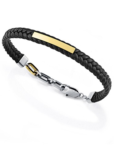 PULSERA CUERO TRENZADO COLOR NEGRO CON METAL BICOLOR