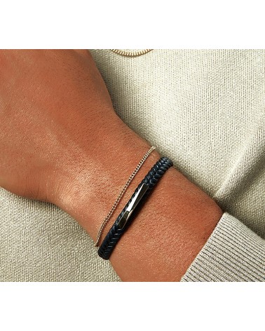 PULSERA CUERO TRENZADO COLOR NEGRO CON METAL BICOLOR