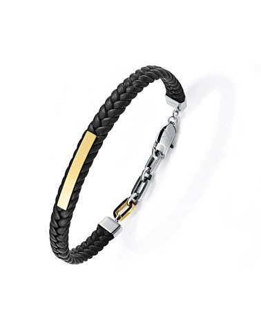PULSERA CUERO TRENZADO COLOR NEGRO CON METAL BICOLOR