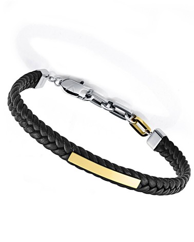 PULSERA CUERO TRENZADO COLOR NEGRO CON METAL BICOLOR