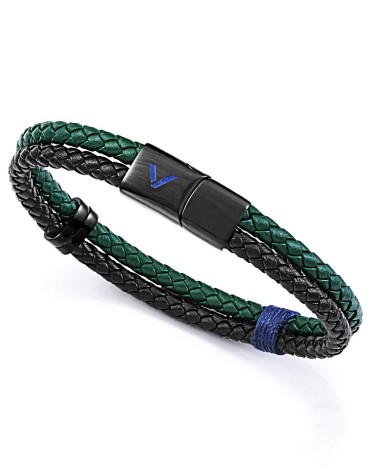PULSERA DOBLE CUERO TRENZADO COLOR VERDE Y NEGRO CON ACERO
