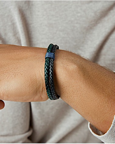 PULSERA DOBLE CUERO TRENZADO COLOR VERDE Y NEGRO CON ACERO