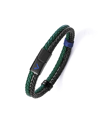 PULSERA DOBLE CUERO TRENZADO COLOR VERDE Y NEGRO CON ACERO
