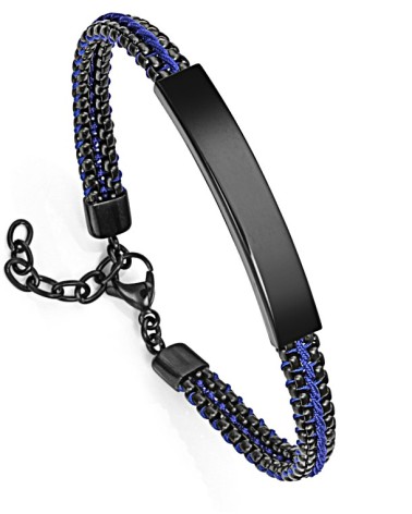 PULSERA DE HOMBRE ACERO NEGRO CON CORDÓN AZUL Y PLACA