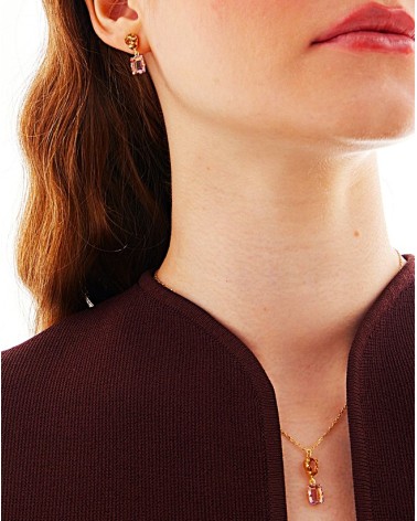 PENDIENTE PLATA 1ª LEY CHAPADO EN ORO DOS PIEDRAS EN CRISTAL COLOR ROSA Y MARRÓN CLARO