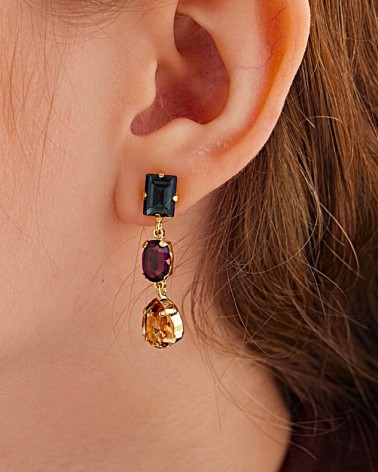 PENDIENTE PLATA 1ª LEY CHAPADO EN ORO TRES PIEDRAS AZUL MORADO Y AMARILLO