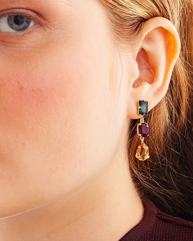 PENDIENTE PLATA 1ª LEY CHAPADO EN ORO TRES PIEDRAS AZUL MORADO Y AMARILLO