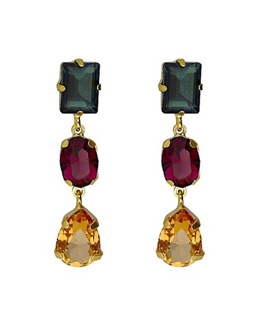 PENDIENTE PLATA 1ª LEY CHAPADO EN ORO TRES PIEDRAS AZUL MORADO Y AMARILLO