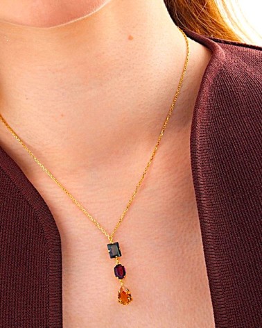 COLLAR PLATA 1ª LEY CHAPADO EN ORO COLGANTE CON TRES PIEDRAS DE COLOR