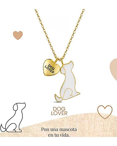 COLLAR PLATA 1ª LEY CHAPADO EN ORO COLGANTE PERRO ESMALTE BLANCO Y CORAZÓN