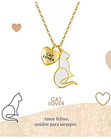 COLLAR PLATA 1ª LEY CHAPADO EN ORO COLGANTE CORAZÓN Y GATO ESMALTE BLANCO