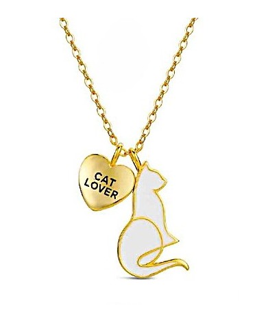 COLLAR PLATA 1ª LEY CHAPADO EN ORO COLGANTE CORAZÓN Y GATO ESMALTE BLANCO