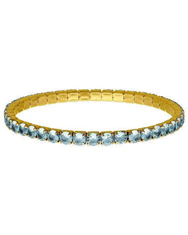 PULSERA ACERO DORADO MODELO RIVIER ELÁSTICA CON PIEDRAS COLOR TOPACIO AZUL DE CRISTAL