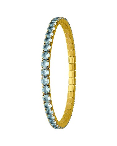 PULSERA ACERO DORADO MODELO RIVIER ELÁSTICA CON PIEDRAS COLOR TOPACIO AZUL DE CRISTAL
