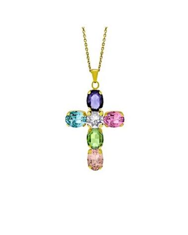 COLLAR PLATA 1ª LEY CHAPADO EN ORO CON COLGANTE CRUZ PIEDRAS DE COLOR