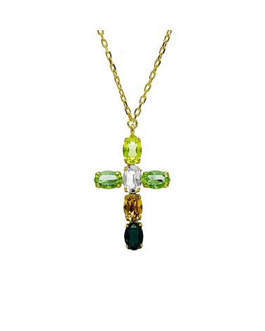 COLLAR PLATA 1ª LEY CHAPADO EN ORO COLGANTE CRUZ CON PIEDRAS COLOR