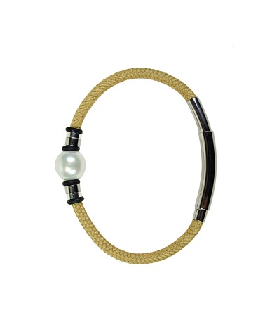 PULSERA NÁUTICA ACERO CORDÓN COLOR CREMA CON PERLA BLANCA