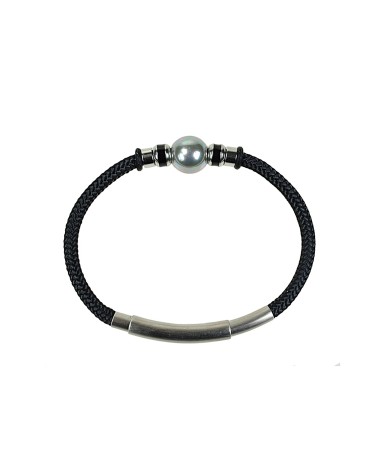 PULSERA NÁUTICA ACERO CORDÓN NEGRO CON PERLA GRIS