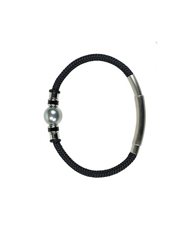 PULSERA NÁUTICA ACERO CORDÓN NEGRO CON PERLA GRIS