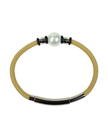 PULSERA NÁUTICA ACERO CORDÓN COLOR CREMA CON PERLA BLANCA