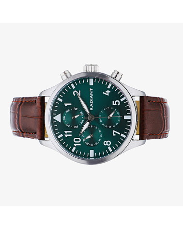 RELOJ DE HOMBRE CORRE PIEL MARRÓN CAJA ACERO ESFERA VERDE MULTIFUNCIÓN