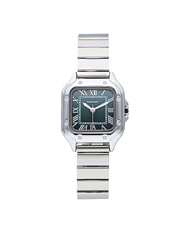 RELOJ ACERO PLATEADO DE MUJER CAJA CUADRADA ESFERA VERDE OSCURO NÚMEROS ROMANOS